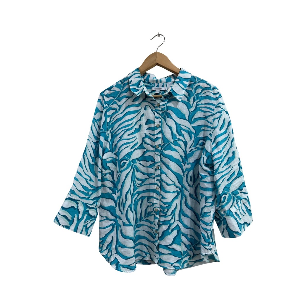 Chicos Linen Button Down Shirt Size 3 XL Teal White Tropical Abstract Print 3/4